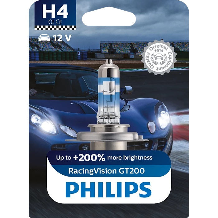 Philips H4 RacingVision GT200 Halogen Headlight Bulb 60/55W 12V | Up to 200% Brighter | 3600K