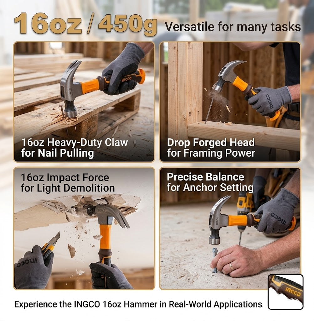 INGCO HCH81016 Heavy Duty Claw Hammer – Comfortable Non-Slip Handle 16oz/480g