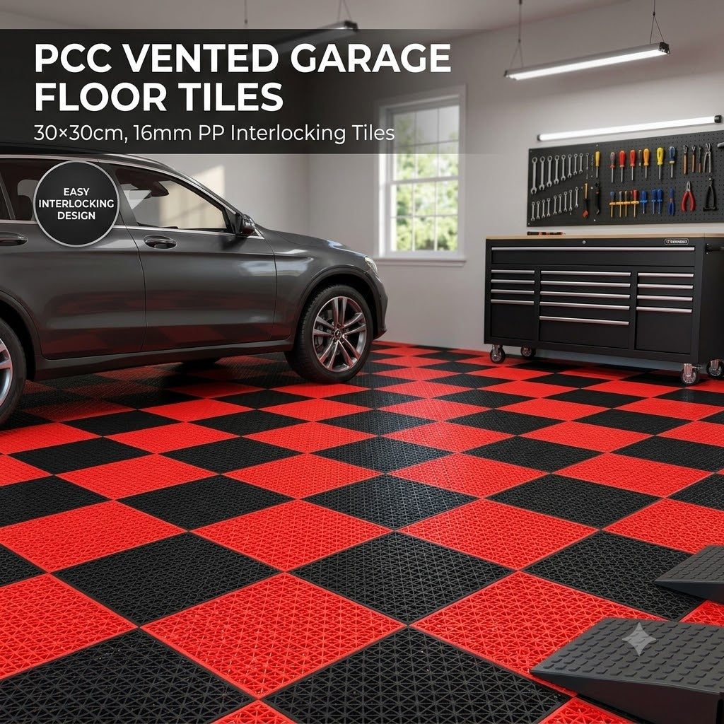 PCC Vented Garage Floor Tiles – 30×30cm, 16mm PP Interlocking Tiles