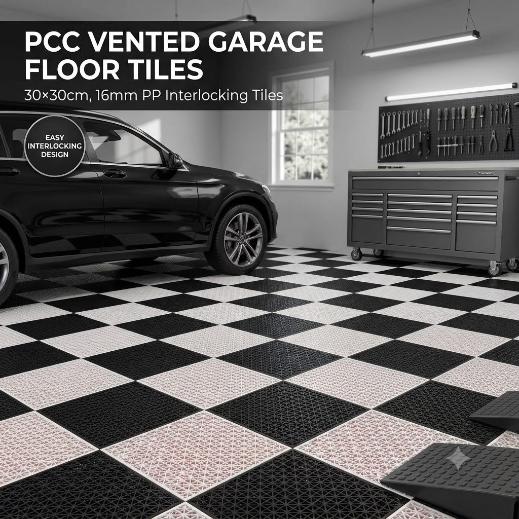 PCC Vented Garage Floor Tiles – 30×30cm, 16mm PP Interlocking Tiles