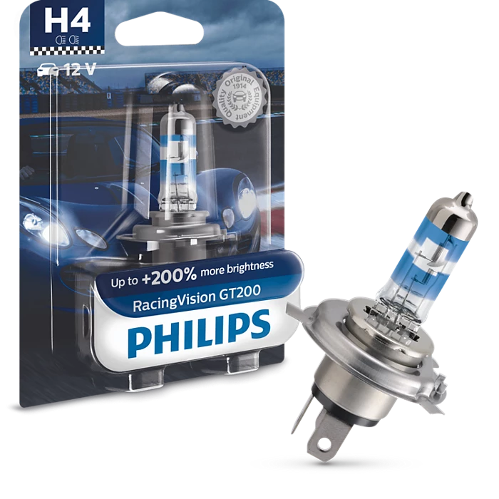 Philips H4 RacingVision GT200 Halogen Headlight Bulb 60/55W 12V | Up to 200% Brighter | 3600K