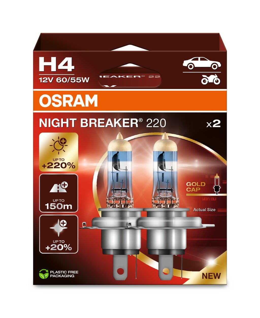 OSRAM NIGHT BREAKER 220 H4 Halogen Headlight Bulb 12V 60/55W. Pair