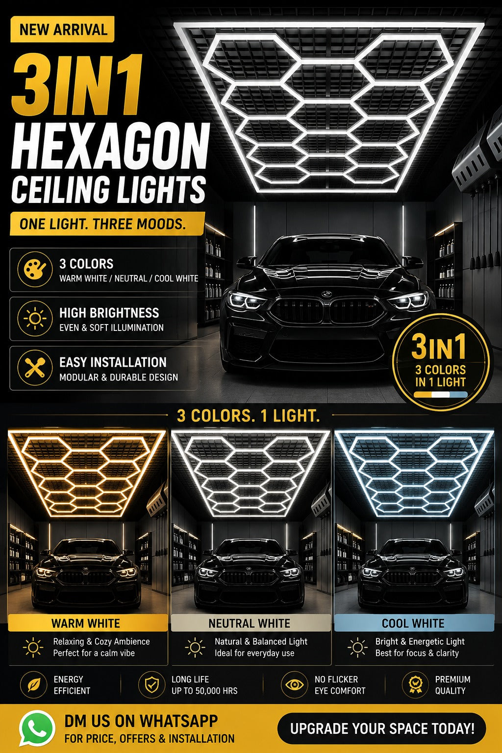 PCC 14 Hexagon LED Garage Light 16x8 ft – 3-in-1 Color Changing Ceiling Light