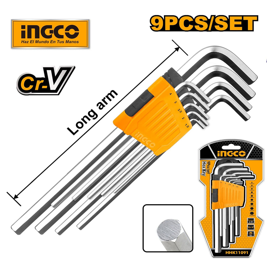 INGCO HHK11091 - 9 Pcs Long Arm Hex Key Set (1.5–10mm)