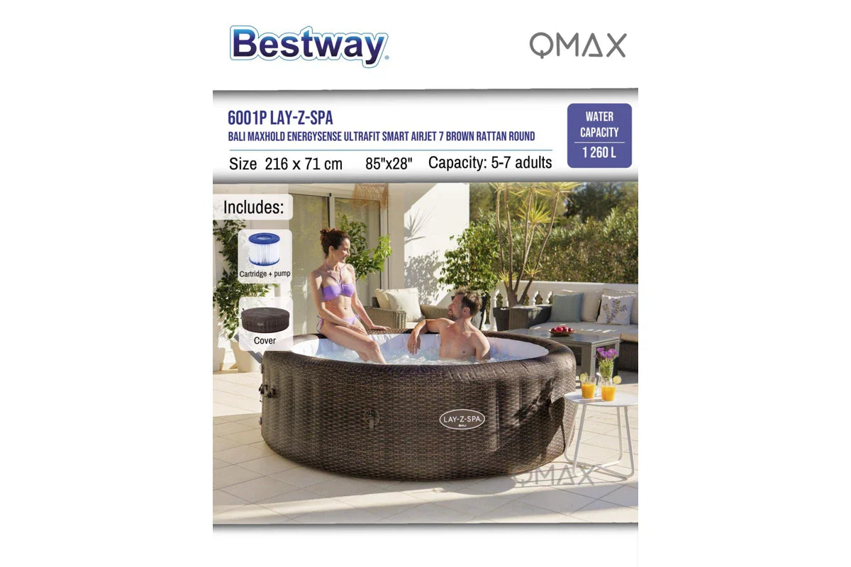 Bestway Lay-Z-Spa Bali MaxHold EnergySense UltraFit Smart AirJet 7 Brown Rattan Round Inflatable Spa - 6001P 85"x28"/2.16mx71cm