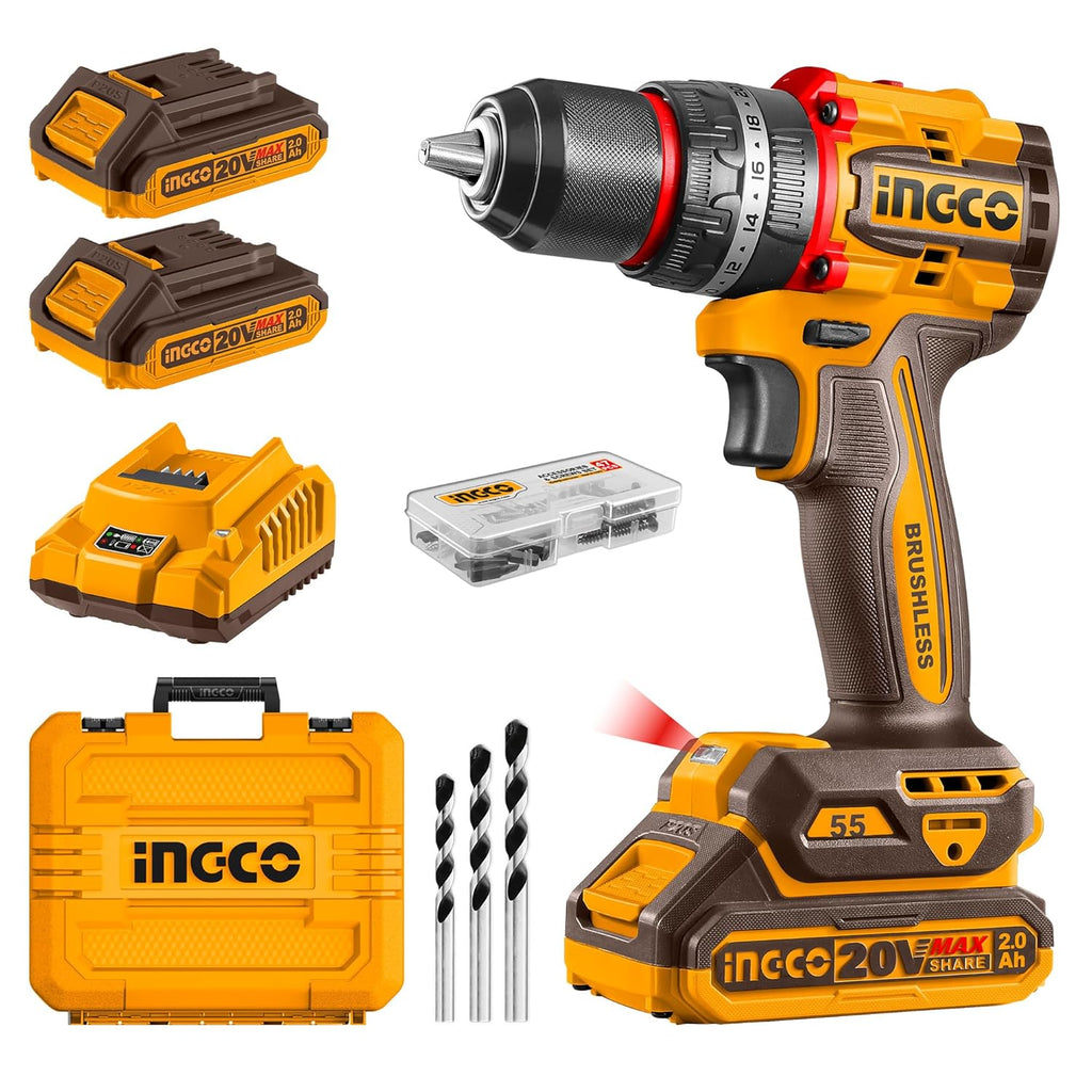 INGCO CIDLI20558 Compact Brushless Cordless Impact Drill 55N.m -20V | With Double Battery & Charger