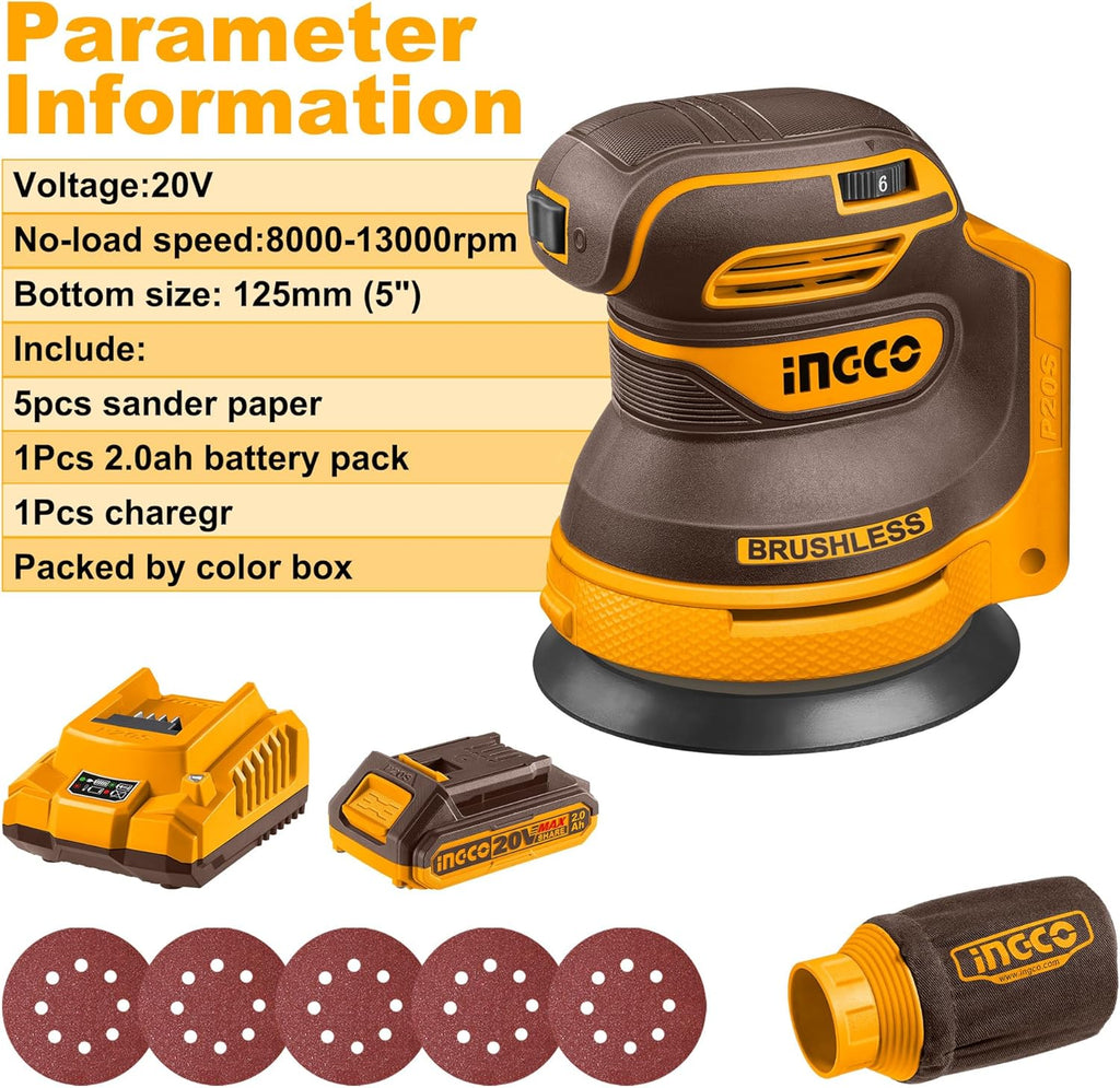 INGCO CROSLI20021 Cordless Li-Ion Random Orbit Sander 20V - Battery & Charger Included