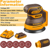 INGCO CROSLI20021 Cordless Li-Ion Random Orbit Sander 20V - Battery & Charger Included