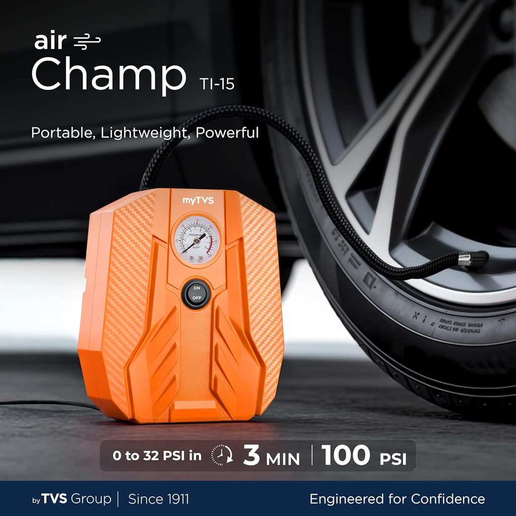 MyTVS TI-15 AirChamp Car Tyre Inflator | 12V, 100 PSI | Analog Meter | LED Light