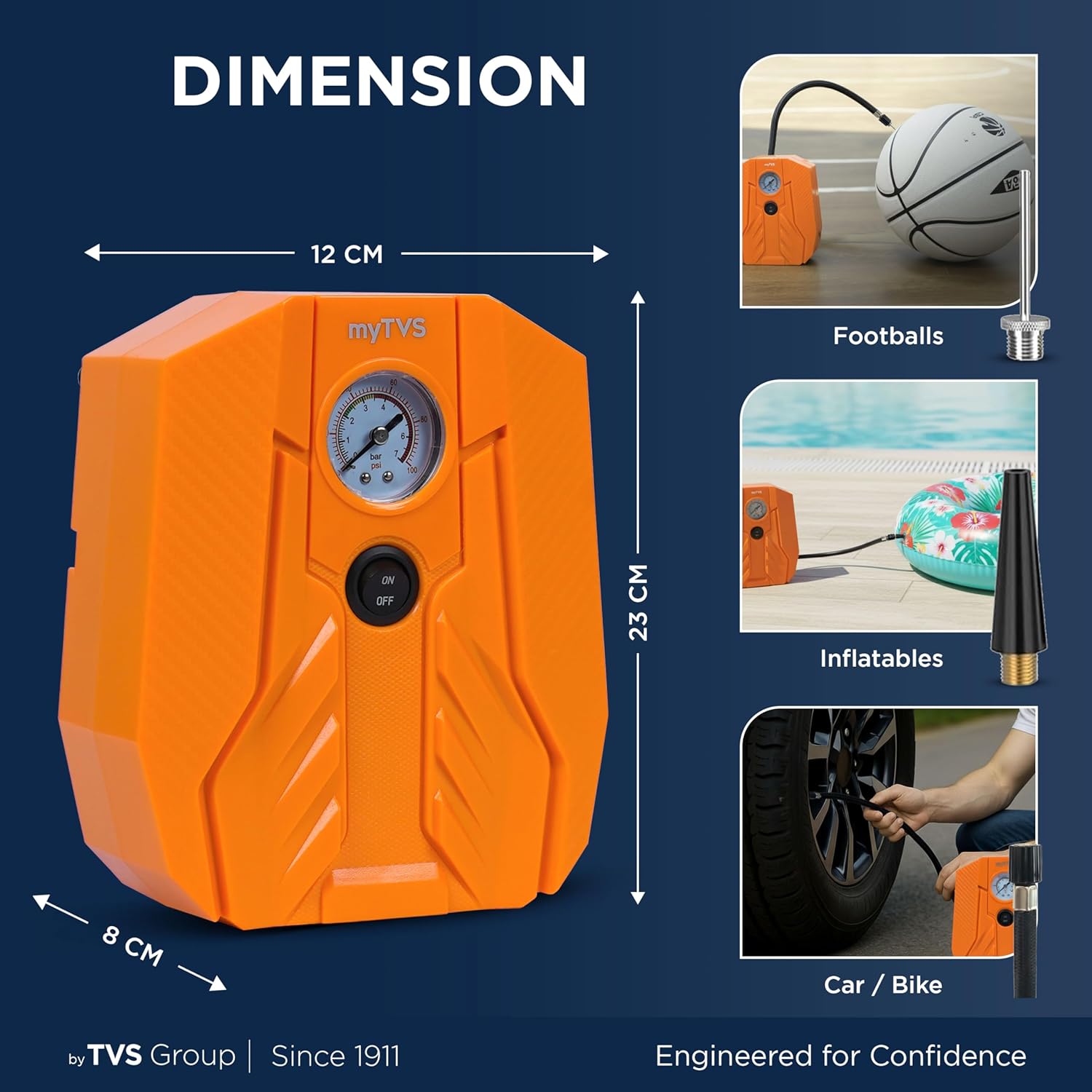 MyTVS TI-15 AirChamp Car Tyre Inflator | 12V, 100 PSI | Analog Meter | LED Light
