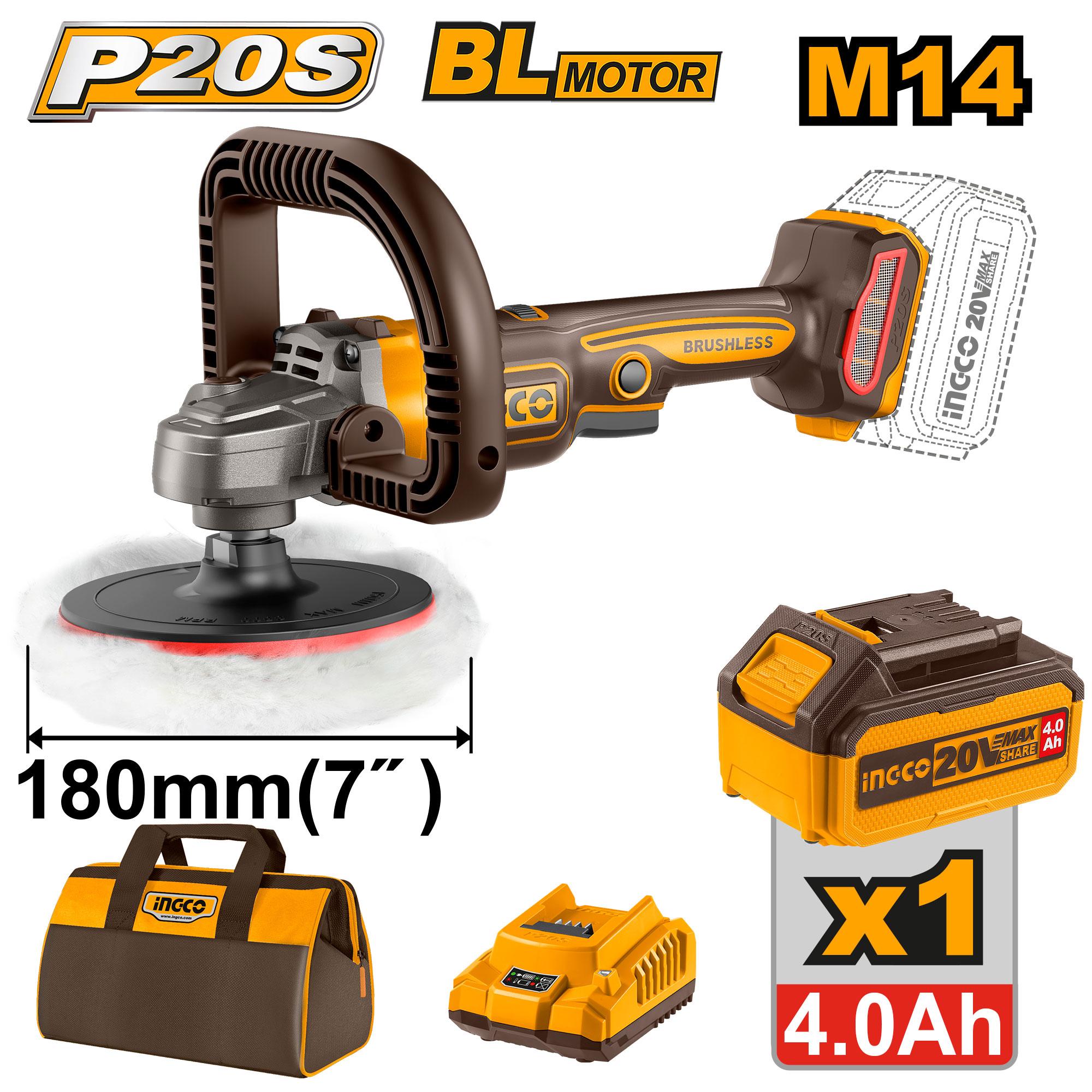 INGCO APLI20181 Cordless Li-Ion Rotary Polisher 20V - Battery & Charger Included 3/5/6/7"