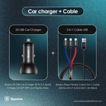 Baseus 2X USB Car Charger 45 W + 3-In-1 USB Cable (CCBX-B0G-1) - Planet Car Care