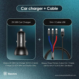 Baseus 2X USB Car Charger 45 W + 3-In-1 USB Cable (CCBX-B0G-1) - Planet Car Care
