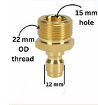 Brass quick connector QC male plug nipple M22 thread for pressure washer, 22mm OD, 15mm hole, 12mm fitting – durable and leak-free.