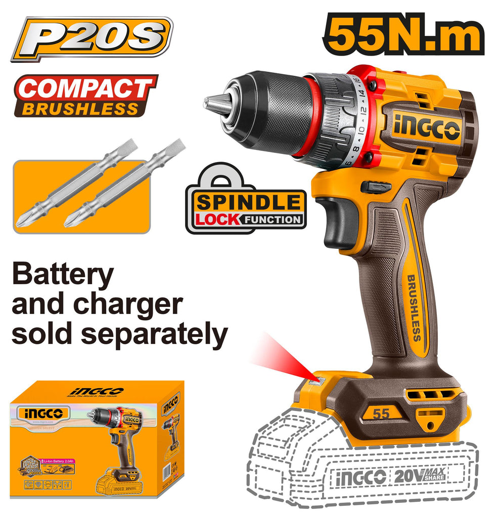 INGCO CDLI205581 Li-Ion Compact Brushless Cordless Drill – 20V