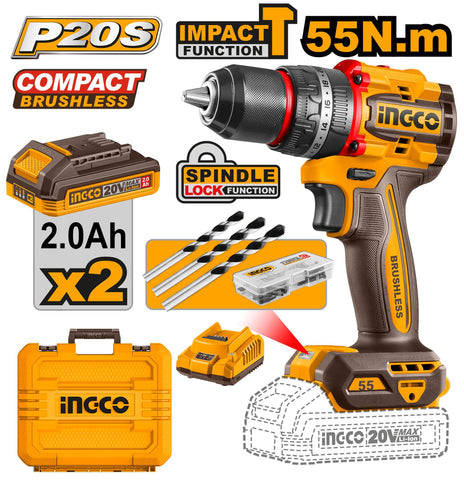 INGCO CIDLI20558 Compact Brushless Cordless Impact Drill With Double Battery & Charger