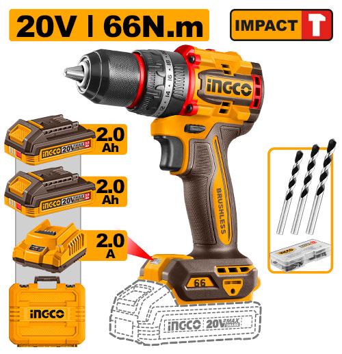 INGCO CIDLI20558 Compact Brushless Cordless Impact Drill 66N.m -20V | With Double Battery & Charger 