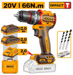 INGCO CIDLI20558 Compact Brushless Cordless Impact Drill 66N.m -20V | With Double Battery & Charger 
