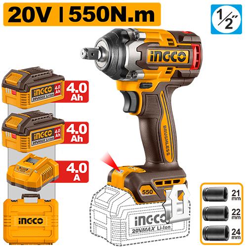 INGCO CIWLI2055 Cordless Impact Wrench 20V 550Nm Brushless with Dual 4.0Ah Batteries