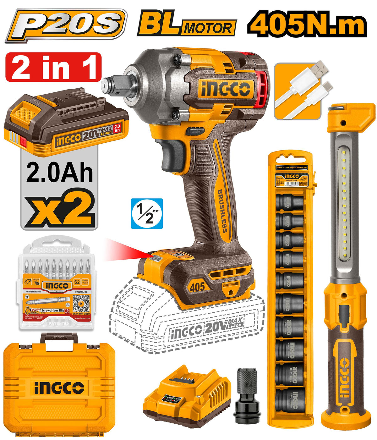 INGCO COSLI23056 Cordless Li-Ion Impact Wrench 20V Kit, 405Nm