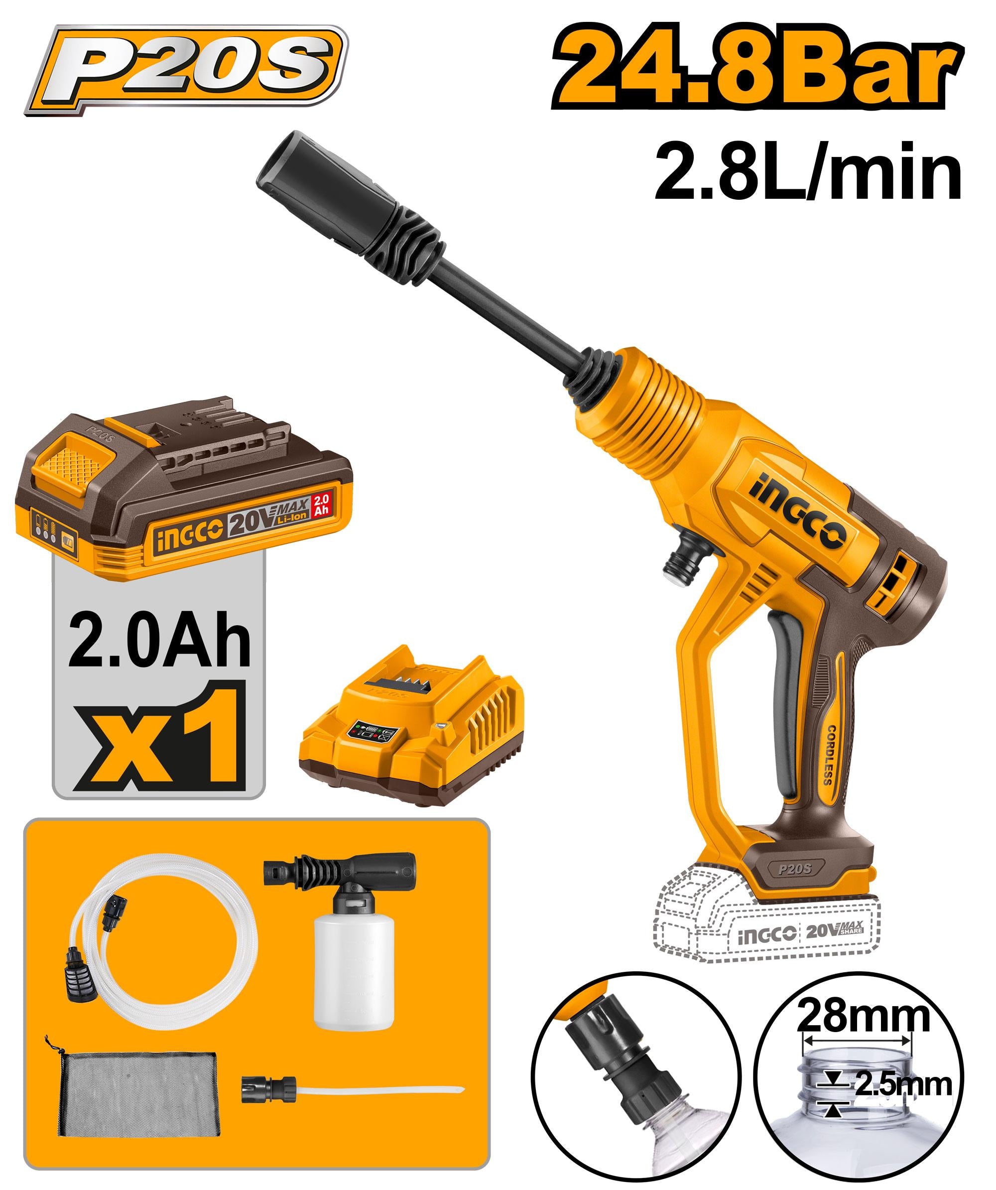 INGCO CPWLI20362 Cordless Li-Ion Car Pressure Washer 20V, 25bar -with Battery & Charger