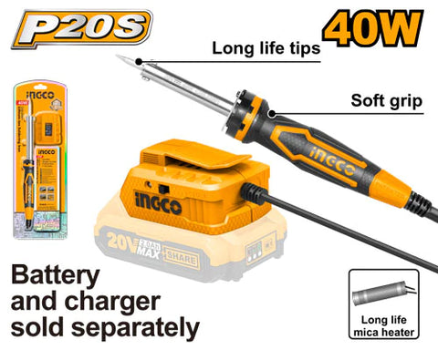 INGCO CSILI2001 Cordless Li-Ion Soldering Iron 40W, 20V - Battery & Charger Not Included