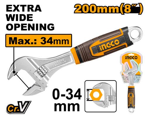 INGCO HADW131088 Adjustable Wrench CR-V | Extra Wide Jaw 34mm | Handle 8"