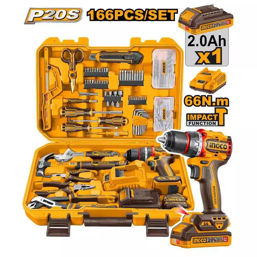 INGCO HKTPH41662 Brushless Power Tool Kit – 20V, 66Nm Impact Drill with 166-Piece Tool Set