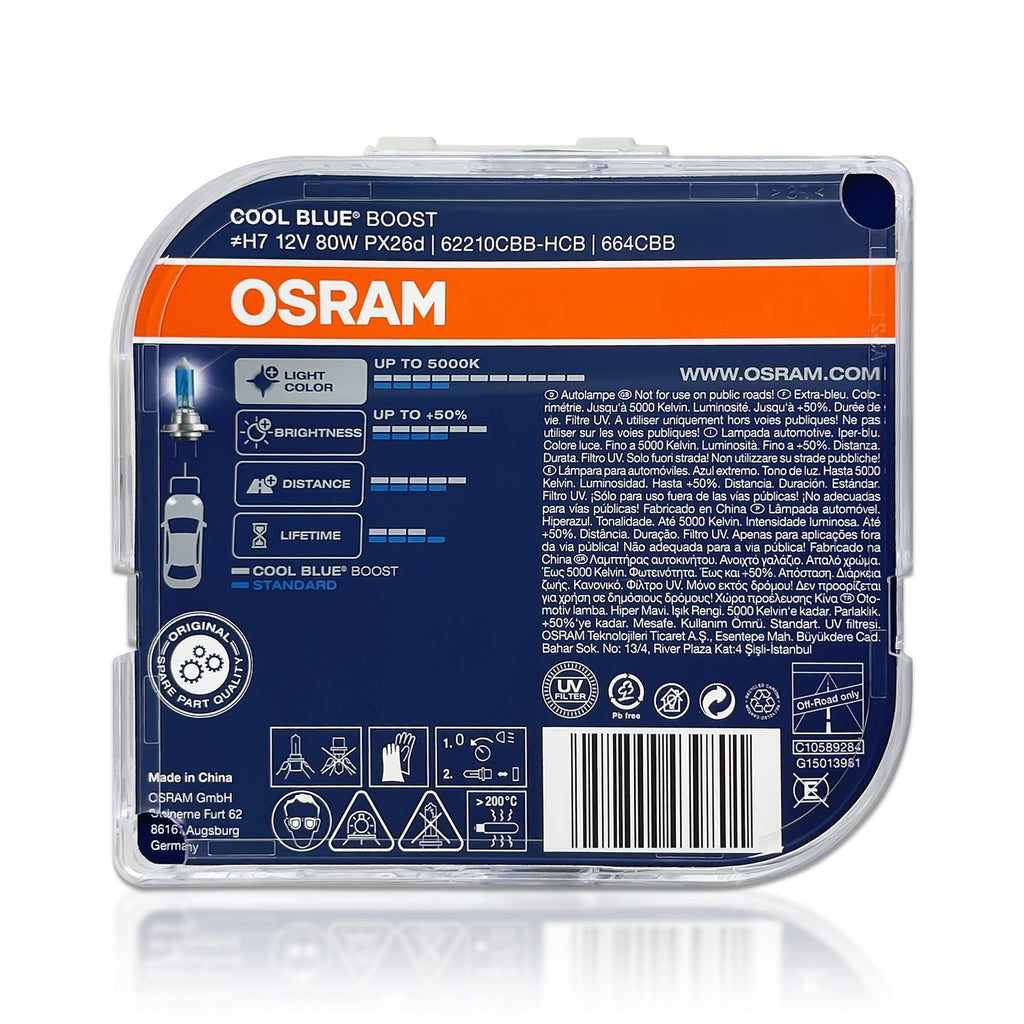 Osram H7 Cool Blue Boost Halogen Bulbs, 80W, Pair, 5000K
