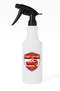 White spray bottle with black nozzle featuring a red and white label on a white background