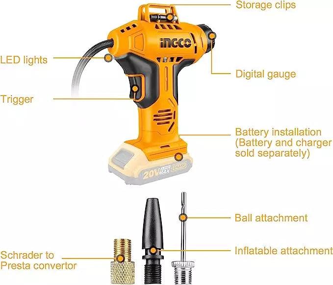 INGCO CACLI2001 Cordless Li-Ion Auto Air Compressor 20V - Battery & Charger Not Included - Planet Car Care