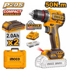INGCO CDLI205062 Compact Brushless Cordless Drill 50N.m -20V | With Double Battery & Charger