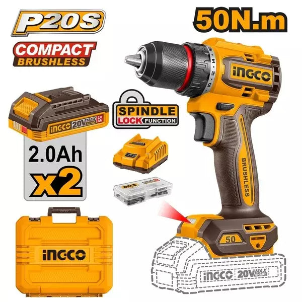 INGCO CDLI205062 Compact Brushless Cordless Drill 50N.m -20V | With Double Battery & Charger