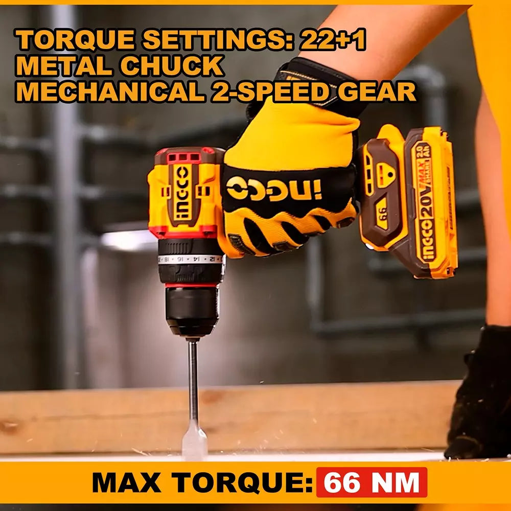 INGCO CIDLI20668 Compact Brushless Cordless Impact Drill 66N.m -20V | With Double Battery & Charger