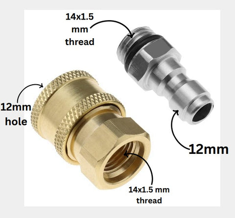 PCC D68 QRC Pair Foam Gun Brass & Stainless Steel Quick Connectors – 14x1.5 Thread, 1/4" QC Plug