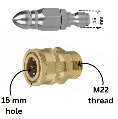 PCC D65 Pressure Washer Sewer Jetter Brass Nozzle – 3/8" Quick Connector, M22/15 Thread