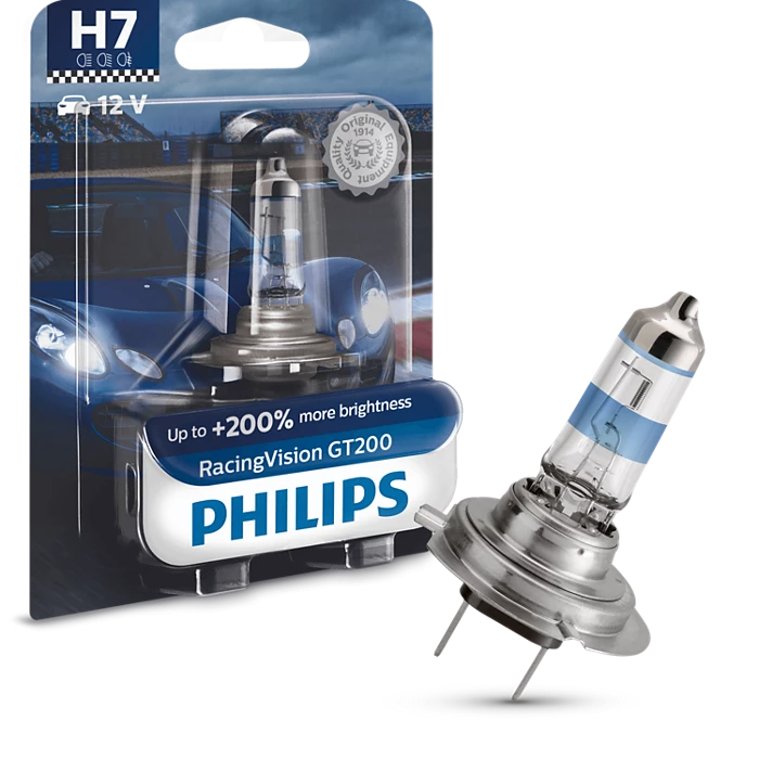 Philips H7 RacingVision GT200 Halogen Headlight Bulb 12V 55W | Up to 200% Brighter | 3500K