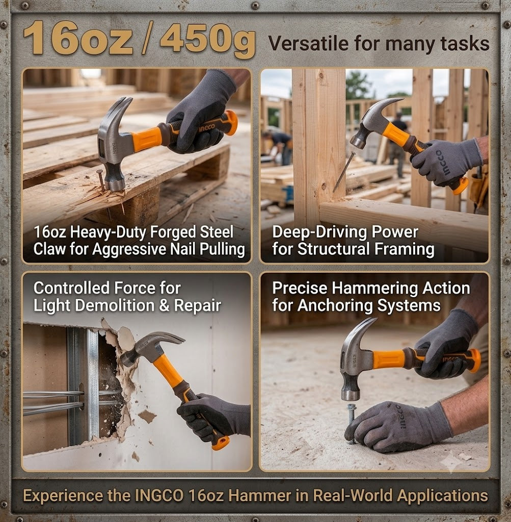 INGCO HCH81016 Heavy Duty Claw Hammer – Comfortable Non-Slip Handle 16oz/480g