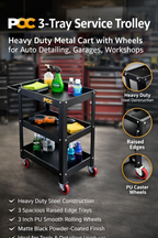 PCC 3-Tray Metal Service Trolley with Wheels – Heavy Duty Workshop & Auto Detailing Tool Cart