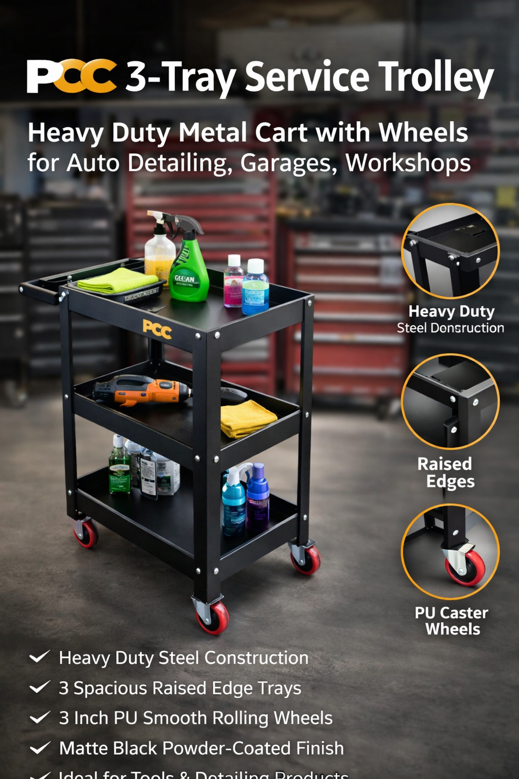 PCC 3-Tray Metal Service Trolley with Wheels – Heavy Duty Workshop & Auto Detailing Tool Cart