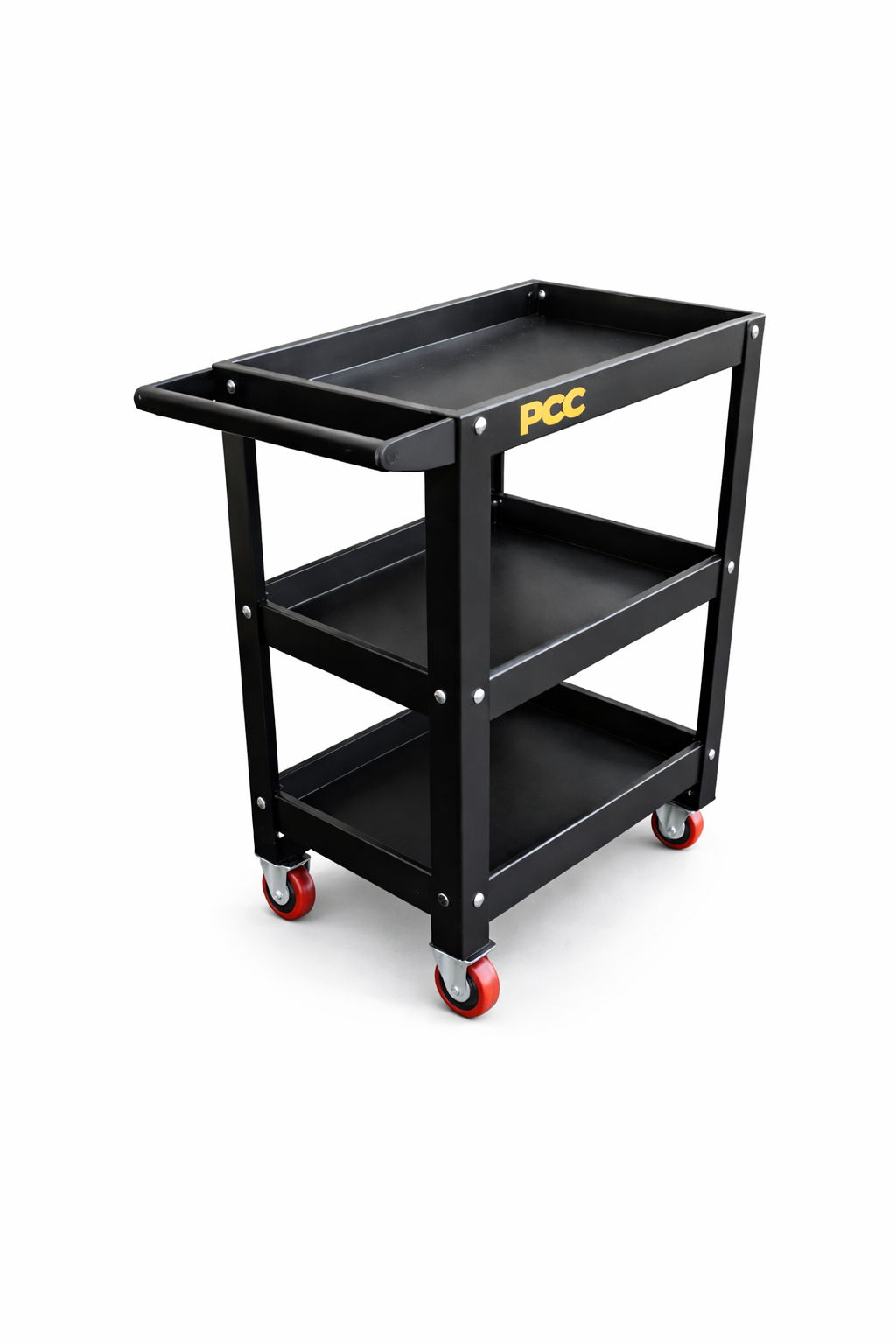 PCC 3-Tray Metal Service Trolley with Wheels – Heavy Duty Workshop & Auto Detailing Tool Cart