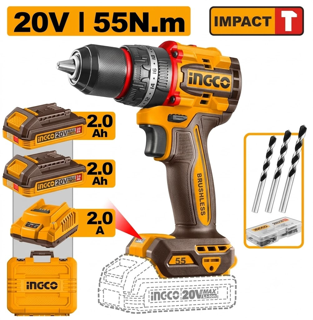 INGCO CIDLI20558 Compact Brushless Cordless Impact Drill 55N.m -20V | With Double Battery & Charger 