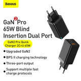 Baseus Gan2 Pro Dual Type-C + USB Quick Charger 65W [Eu Plug] + Type-C To Type-C (CCGAN2P-B01) - Planet Car Care