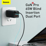 Baseus Gan2 Pro Dual Type-C + USB Quick Charger 65W [Eu Plug] + Type-C To Type-C (CCGAN2P-B01) - Planet Car Care