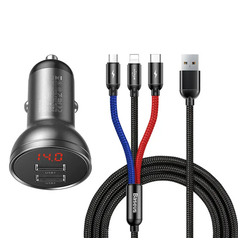 Baseus Digital Display Dual USB 4.8A Car Charger 24W With 3-In-1 Data Cable (TZCCBX-0G)