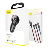 Baseus Digital Display Dual USB 4.8A Car Charger 24W With 3-In-1 Data Cable (TZCCBX-0G) - Planet Car Care