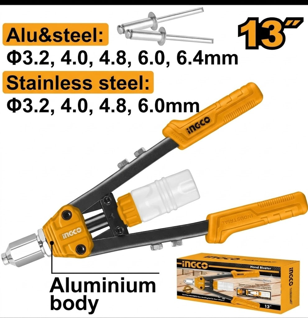 INGCO HR131 Professional 13" Hand Rivet Gun | Heavy-Duty Steel & Aluminum Riveter