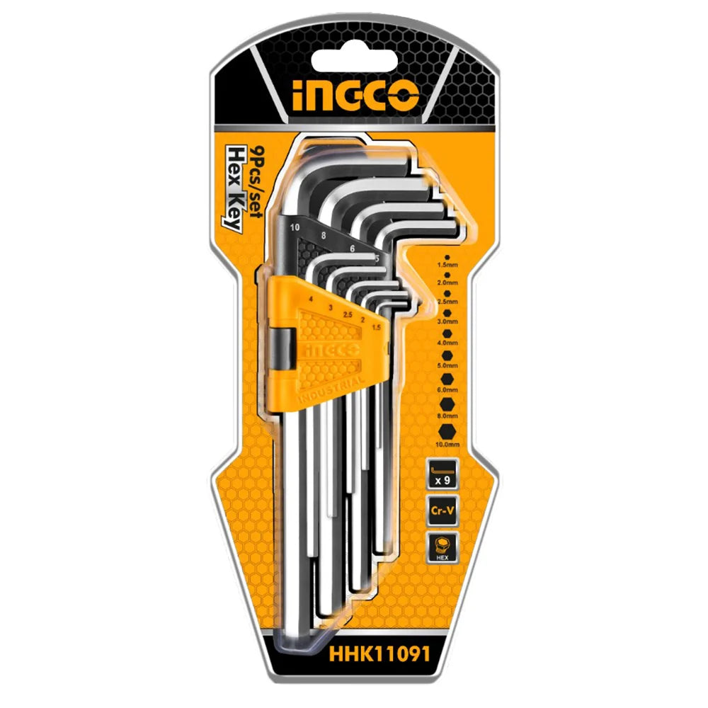 INGCO HHK11091 - 9 Pcs Long Arm Hex Key Set (1.5–10mm)