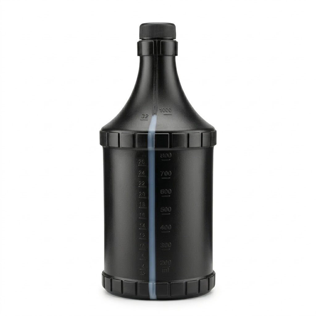 Planet Car Care 1L black plastic refill bottle with measurement markings for automotive detailing solutions