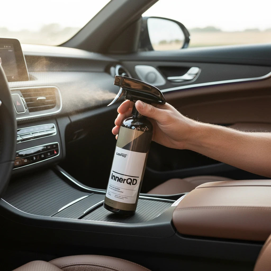 Planet Car Care CarPro InnerQD interior detailing spray being applied to a car dashboard for a clean satin finish